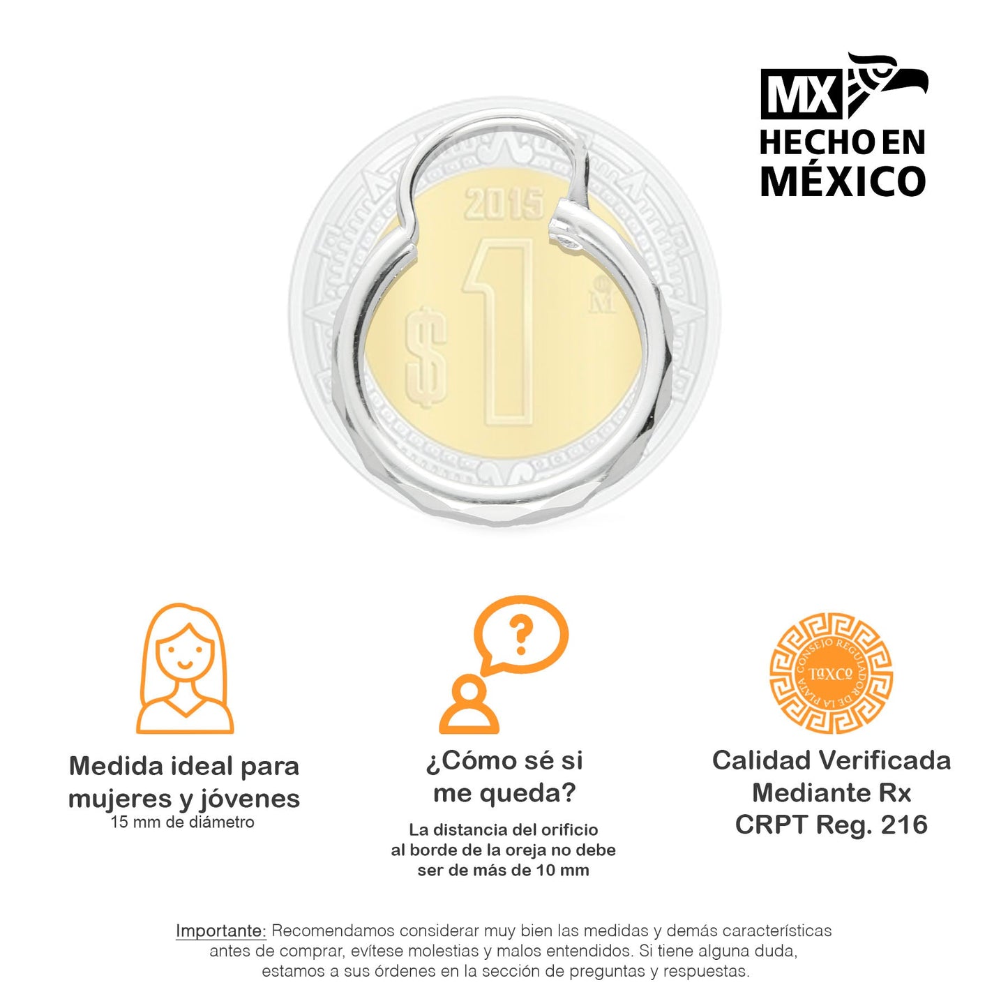 LPAF016 Arracada Facetada Plata .925 Tam 2 - 15 Mm Diámetro Taxco MLM918604249