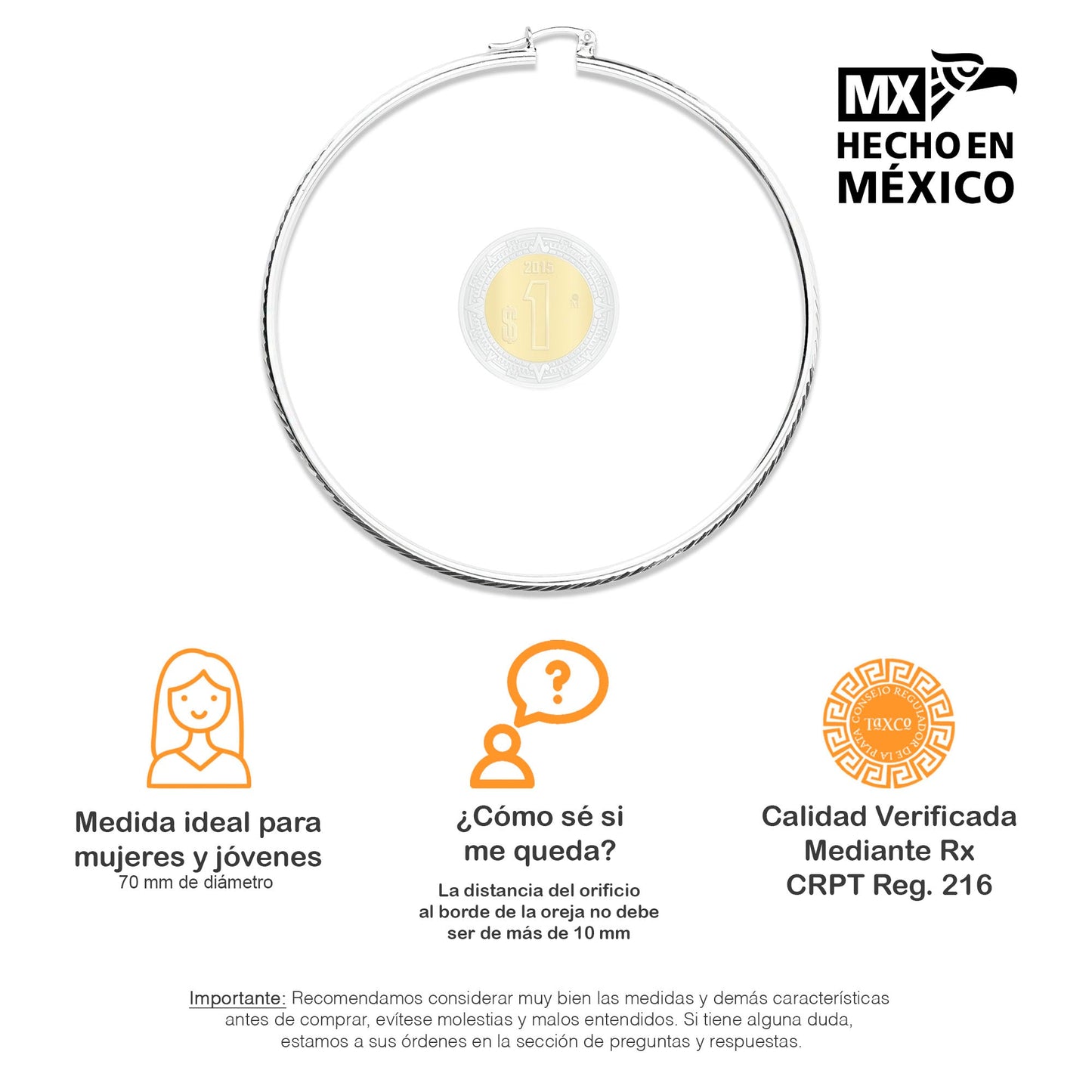 LPAF033 Arracada Facetada Mod. Radial T9 70 Mm Plata .925 Taxco MLM946345480