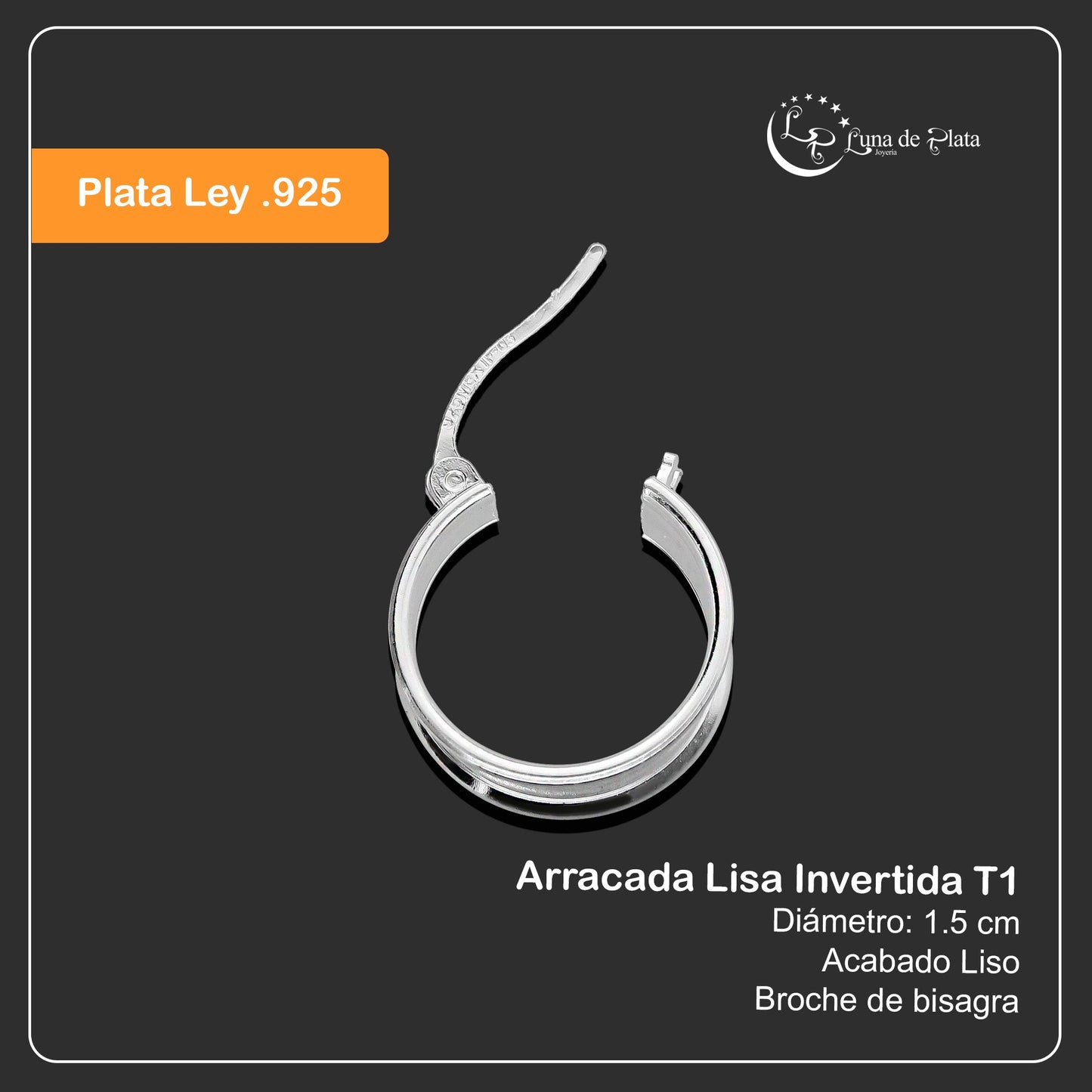 LPAL040 Arracada Lisa Invertida T1 15 mm de diámetro Plata .925 2035804381