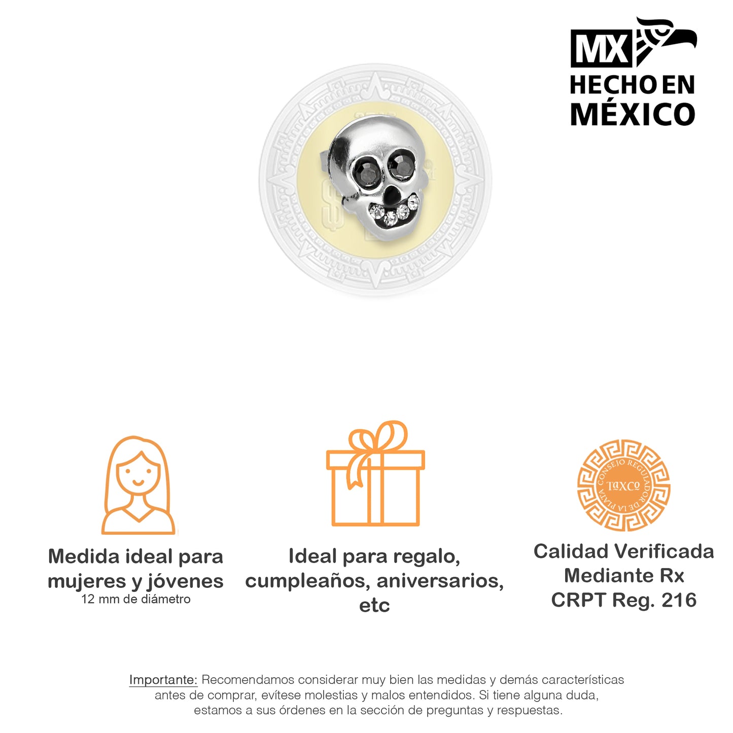 LPAP030 Aretes Broquel Plata Calavera Bomb Plata .925 Taxco 1357640327
