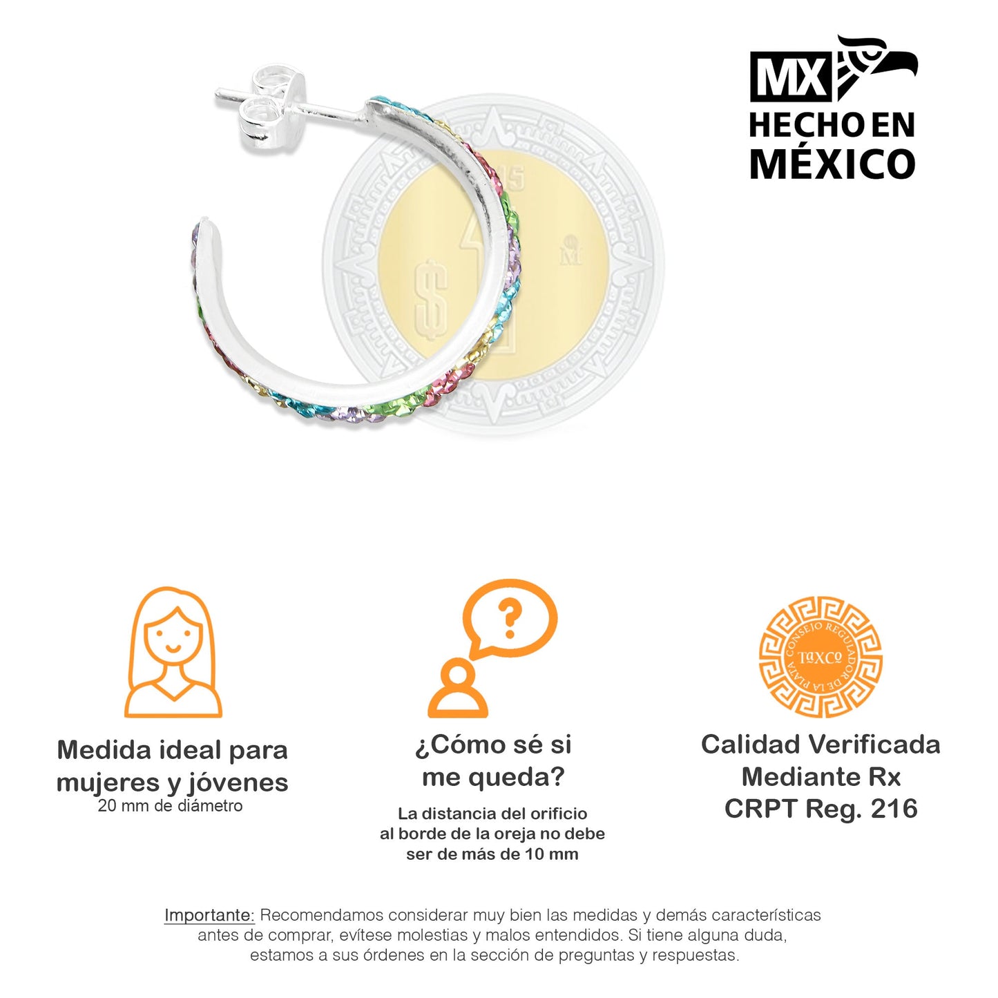 LPAP072 Arracada Poste 5 mm Multicolor T Cristalitos Plata .925 Taxco 2020450457