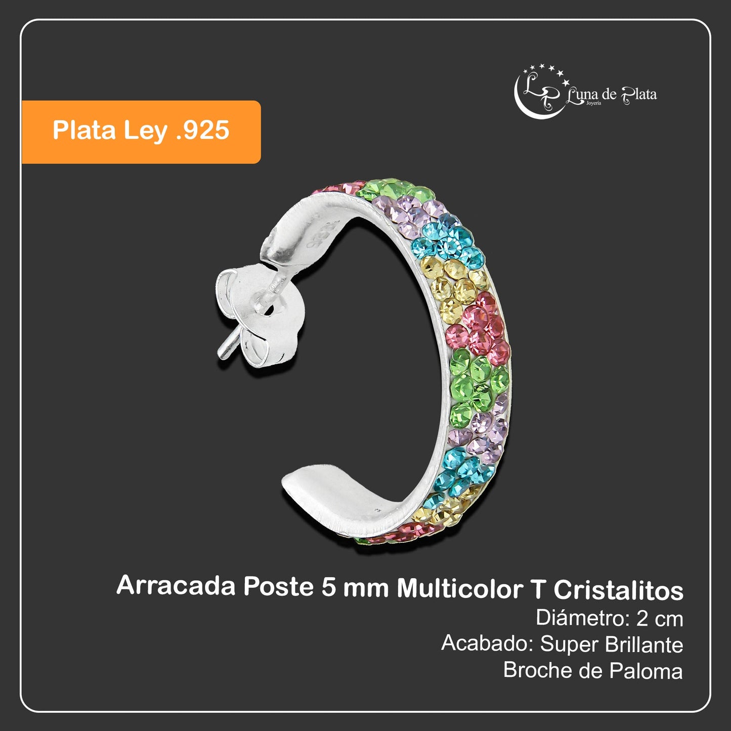 LPAP072 Arracada Poste 5 mm Multicolor T Cristalitos Plata .925 Taxco 2020450457