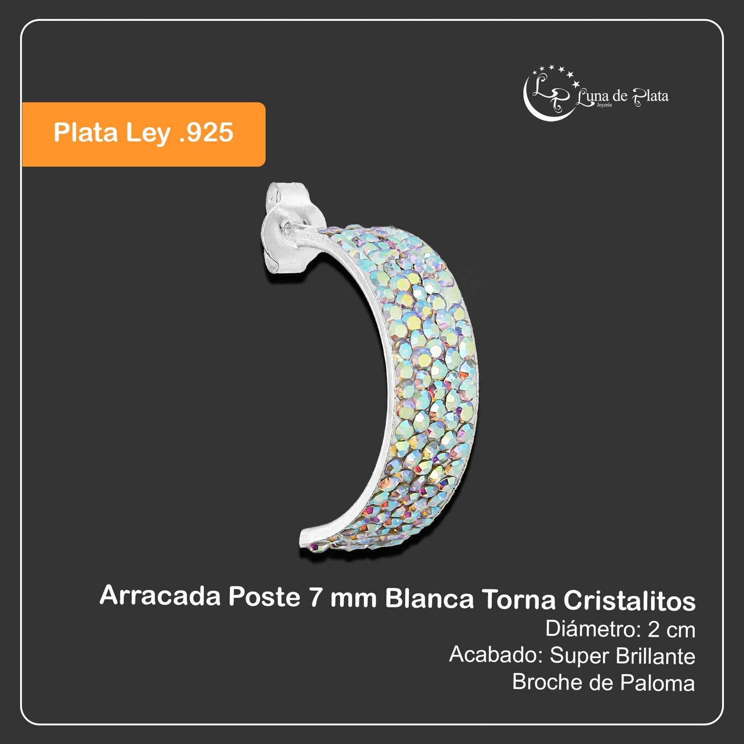 LPAP075 Arracada Poste 7 mm Blanca Torna Cristalitos Plata .925 Taxco 2020617965