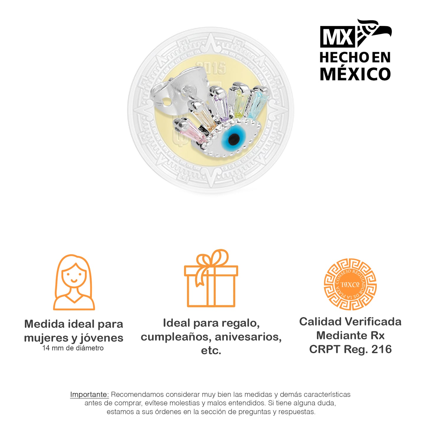 LPAP085 Arete Broquel Ojito Turco Pestañas Multi Plata .925 Taxco 3125960324