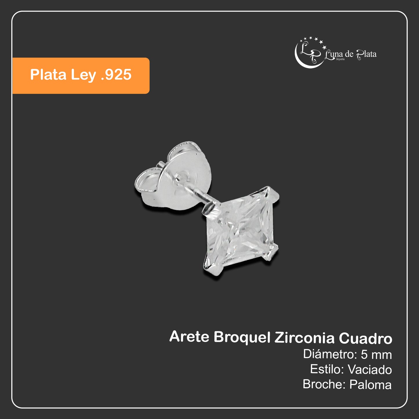 LPAP121 Arete Broquel Zirconia Cuadro 5 mm en Plata .925 Taxco 2169070701