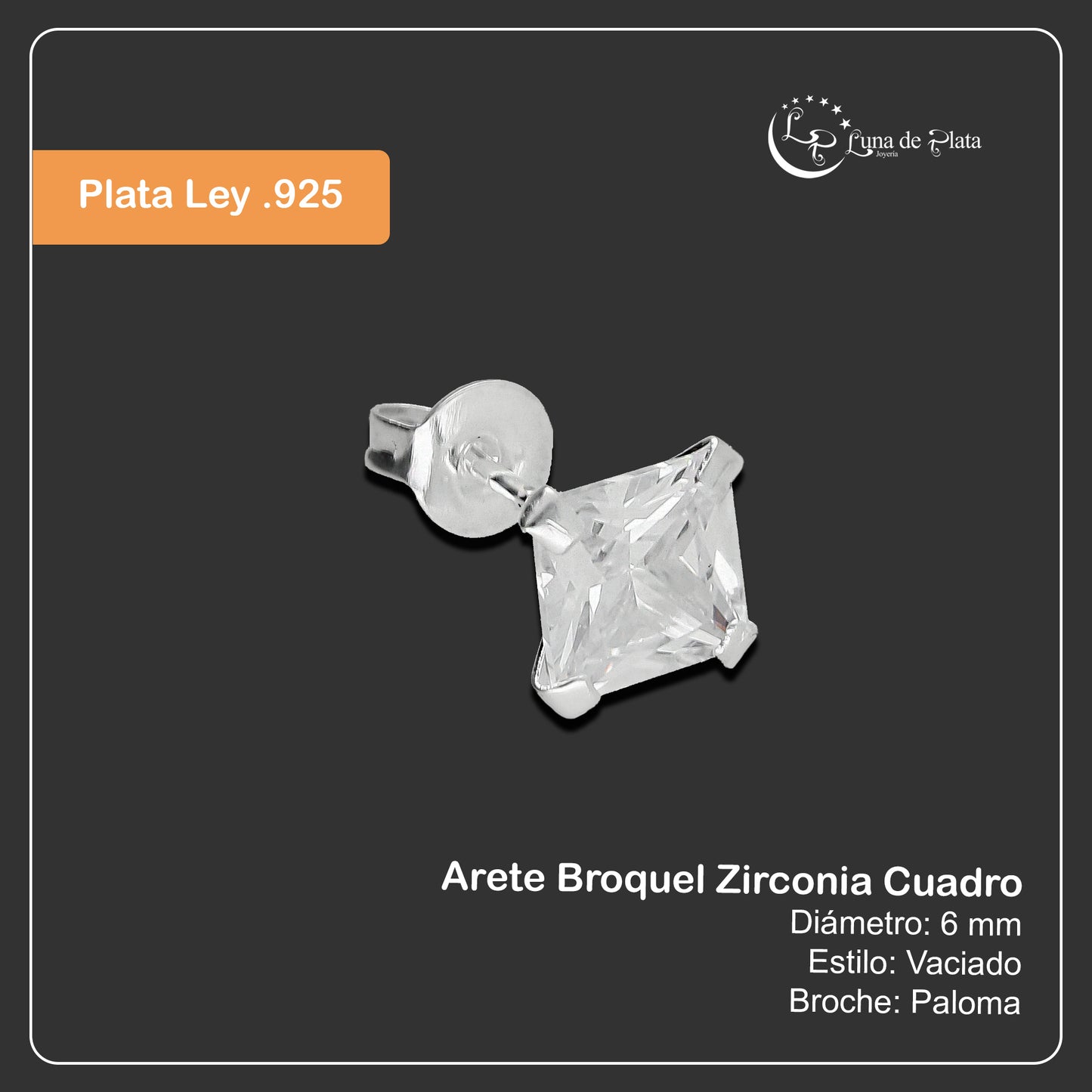 LPAP122 Arete Broquel Zirconia Cuadro 6 mm en Plata .925 Taxco 2169049405