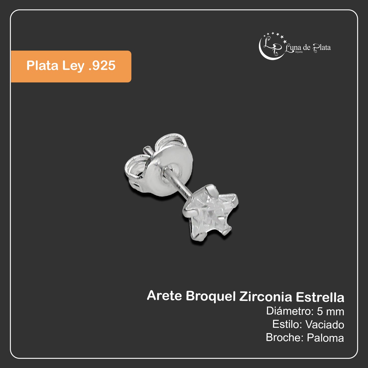 LPAP125 Arete Broquel Zirconia Estrella 5 mm en Plata .925 Taxco 2169053865