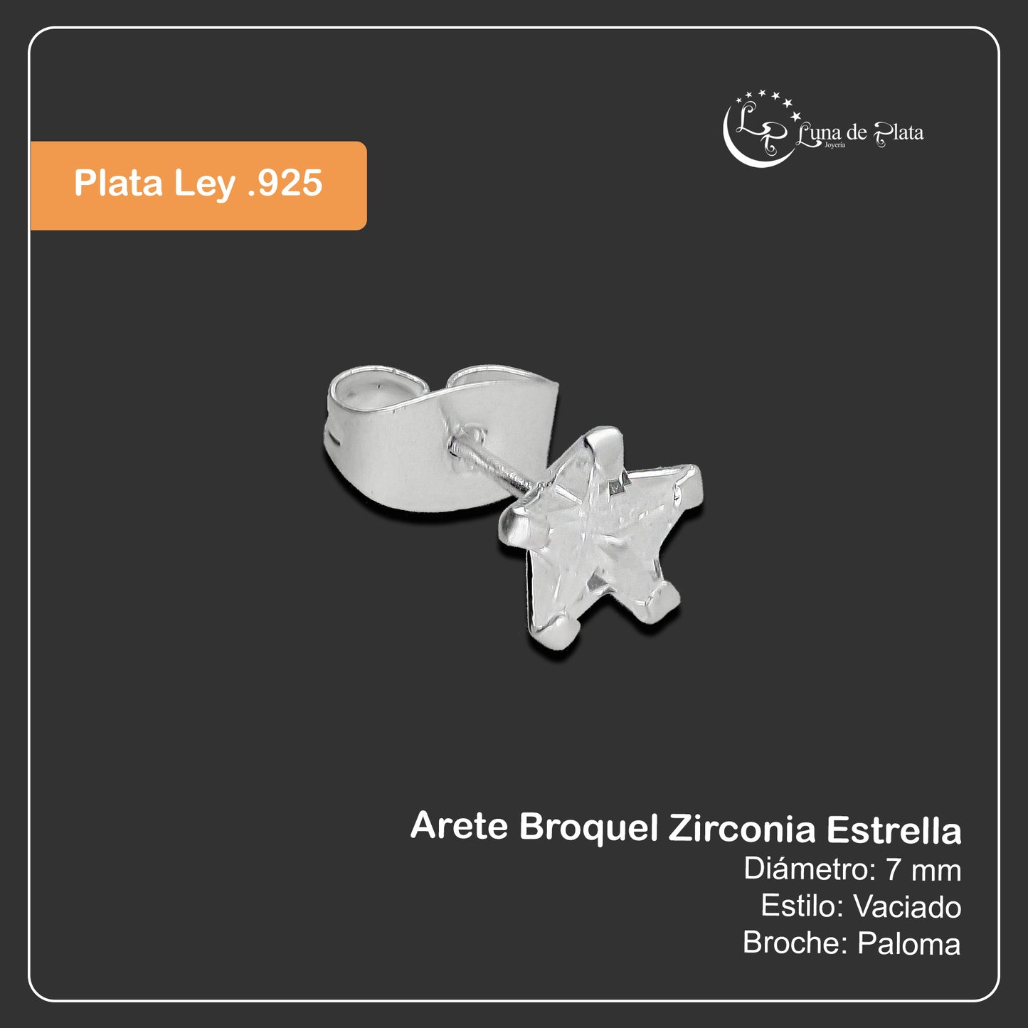 LPAP126 Arete Broquel Zirconia Estrella 7 mm en Plata .925 Taxco 3428028226