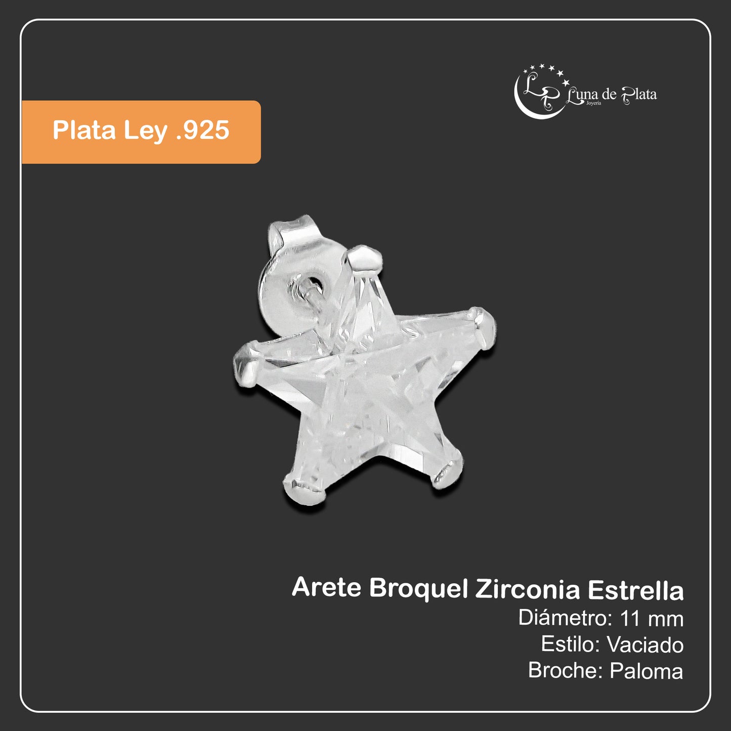 LPAP127 Arete Broquel Zirconia Estrella 11 mm en Plata .925 Taxco 3428092878