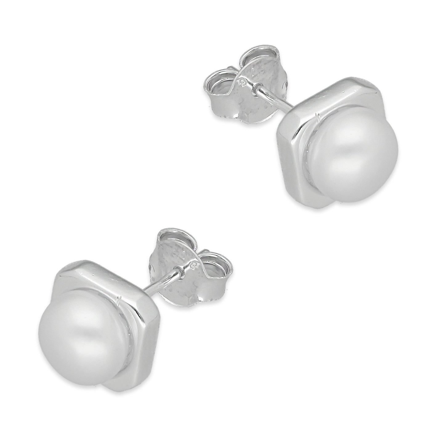 LPAP132 Arete Broquel Perla 6 mm Bisel Liso Cuadrado en Plata .925 Taxco