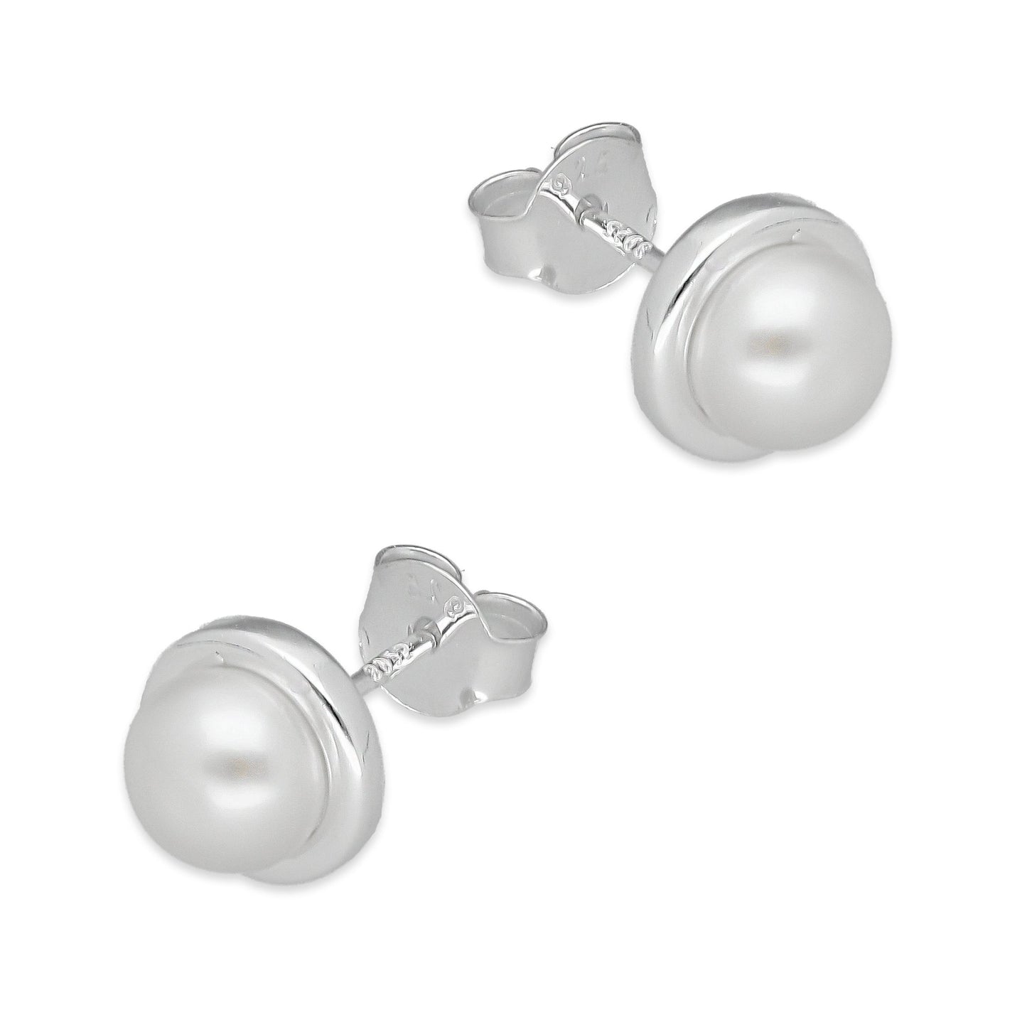LPAP133 Arete Broquel Perla 6 mm Bisel Liso Redondo en Plata .925 Taxco