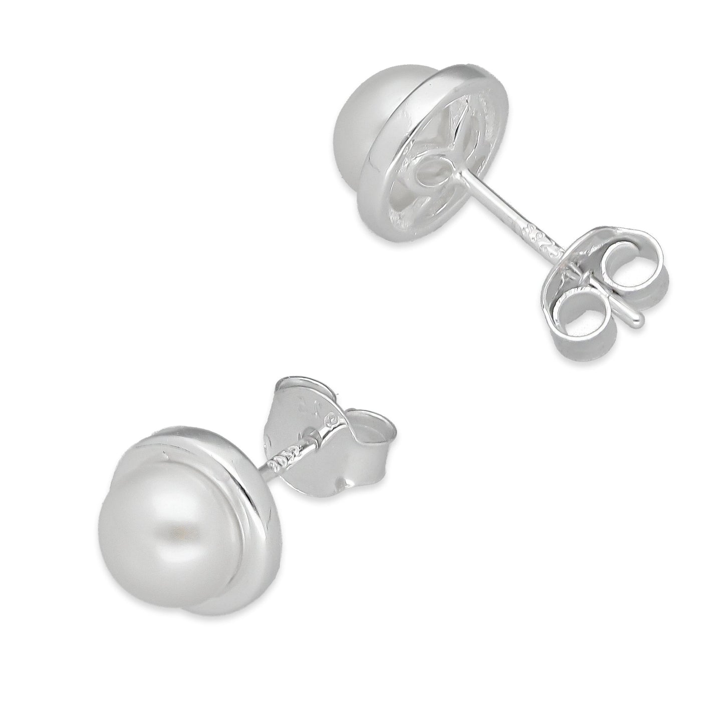 LPAP133 Arete Broquel Perla 6 mm Bisel Liso Redondo en Plata .925 Taxco