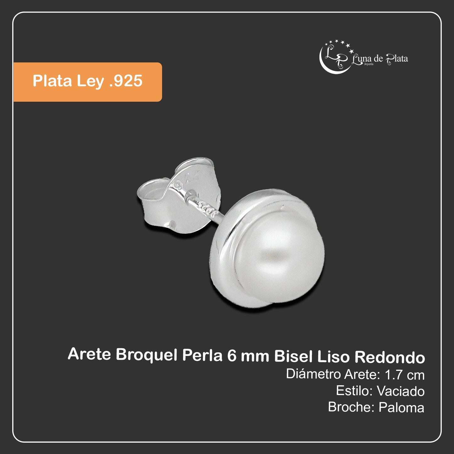LPAP133 Arete Broquel Perla 6 mm Bisel Liso Redondo en Plata .925 Taxco
