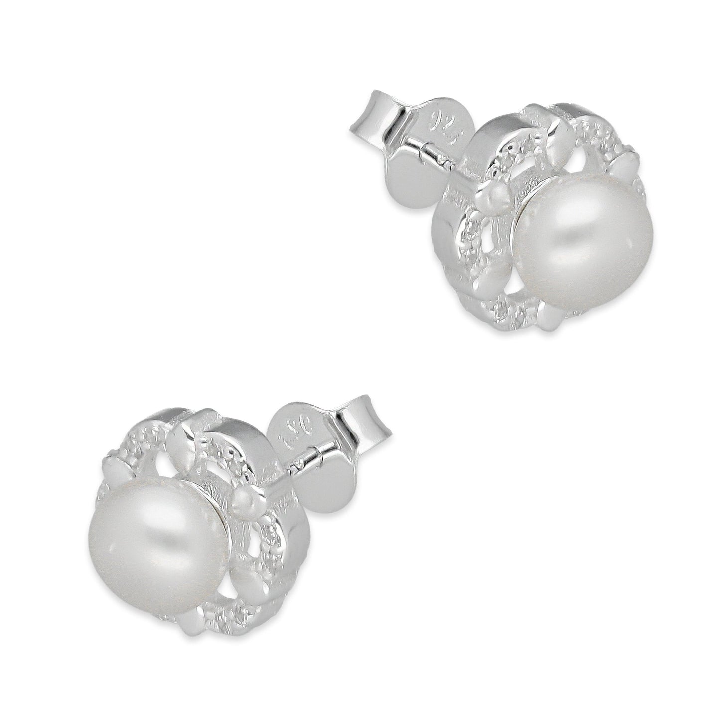 LPAP135 Arete Broquel Perla 6 mm Base Flor con Zirconias en Plata .925 Taxco