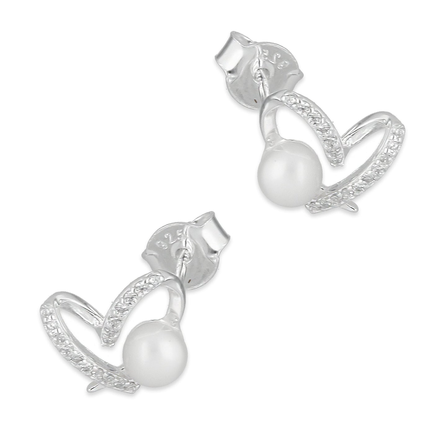 LPAP137 Arete Broquel Perla 4 mm Corazón Espiral con Zirconias en Plata .925 Taxco
