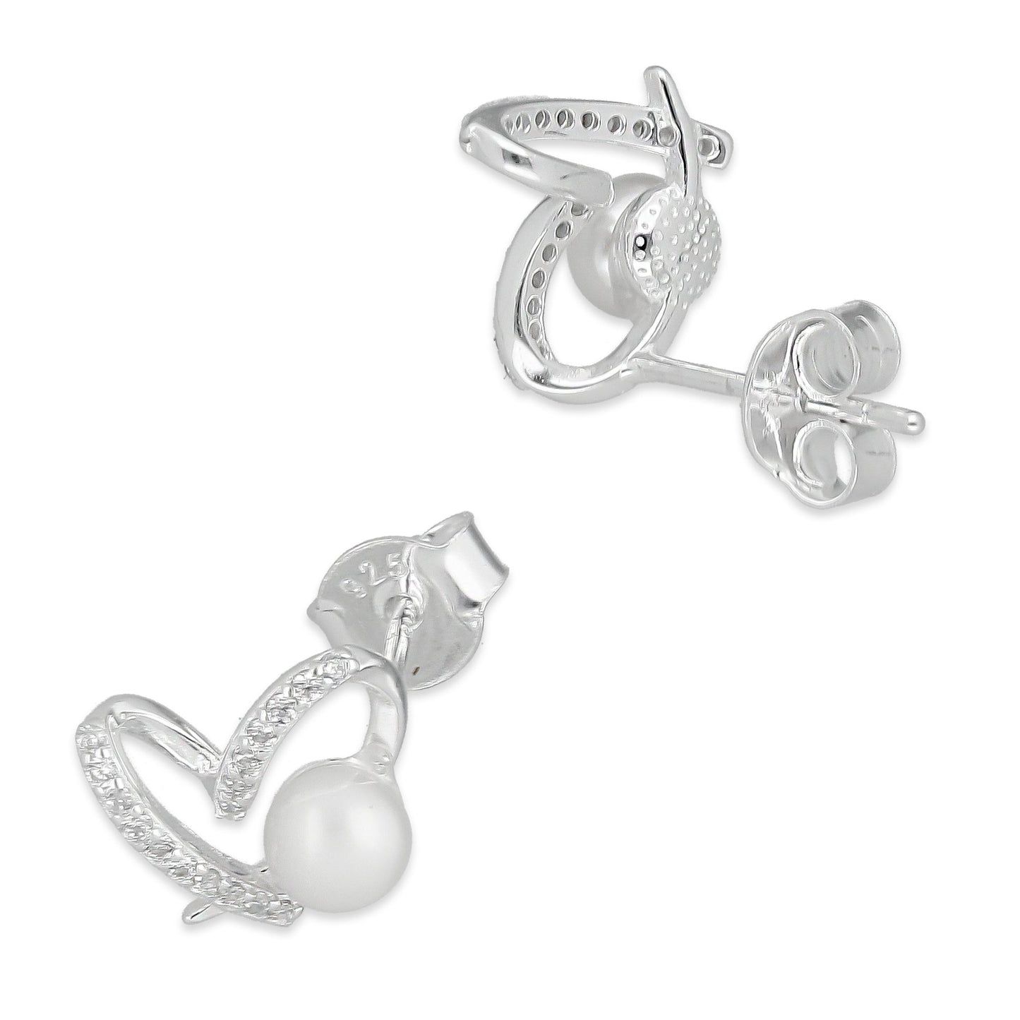 LPAP137 Arete Broquel Perla 4 mm Corazón Espiral con Zirconias en Plata .925 Taxco