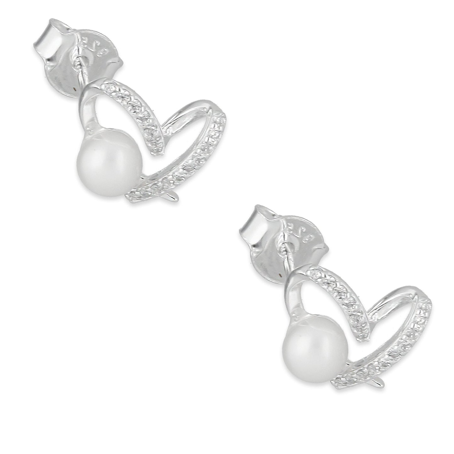 LPAP137 Arete Broquel Perla 4 mm Corazón Espiral con Zirconias en Plata .925 Taxco
