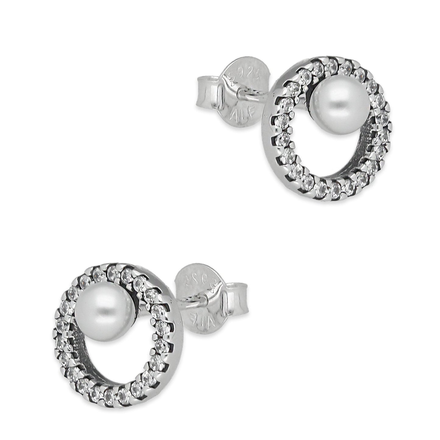 LPAP138 Arete Broquel Pandora Círculo con Zirconias y Perla en Plata .925 Taxco