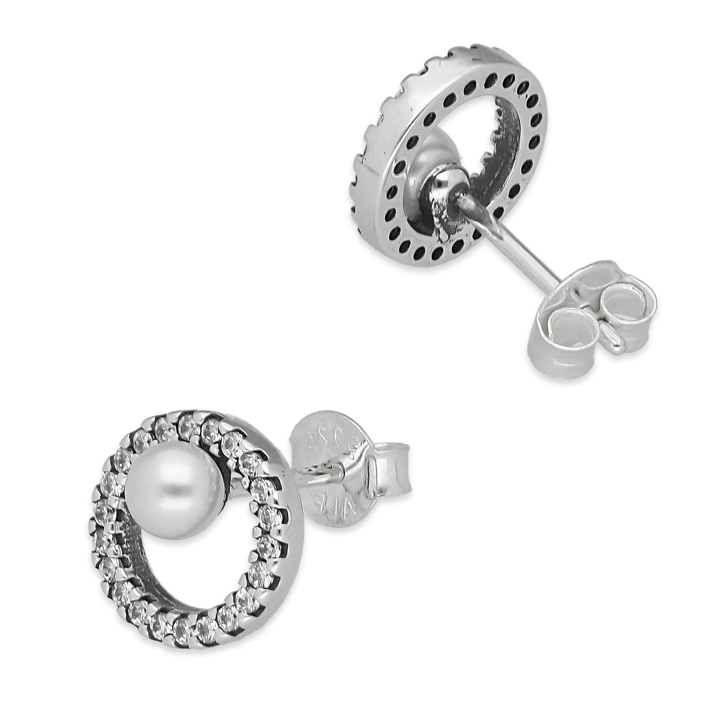 LPAP138 Arete Broquel Pandora Círculo con Zirconias y Perla en Plata .925 Taxco