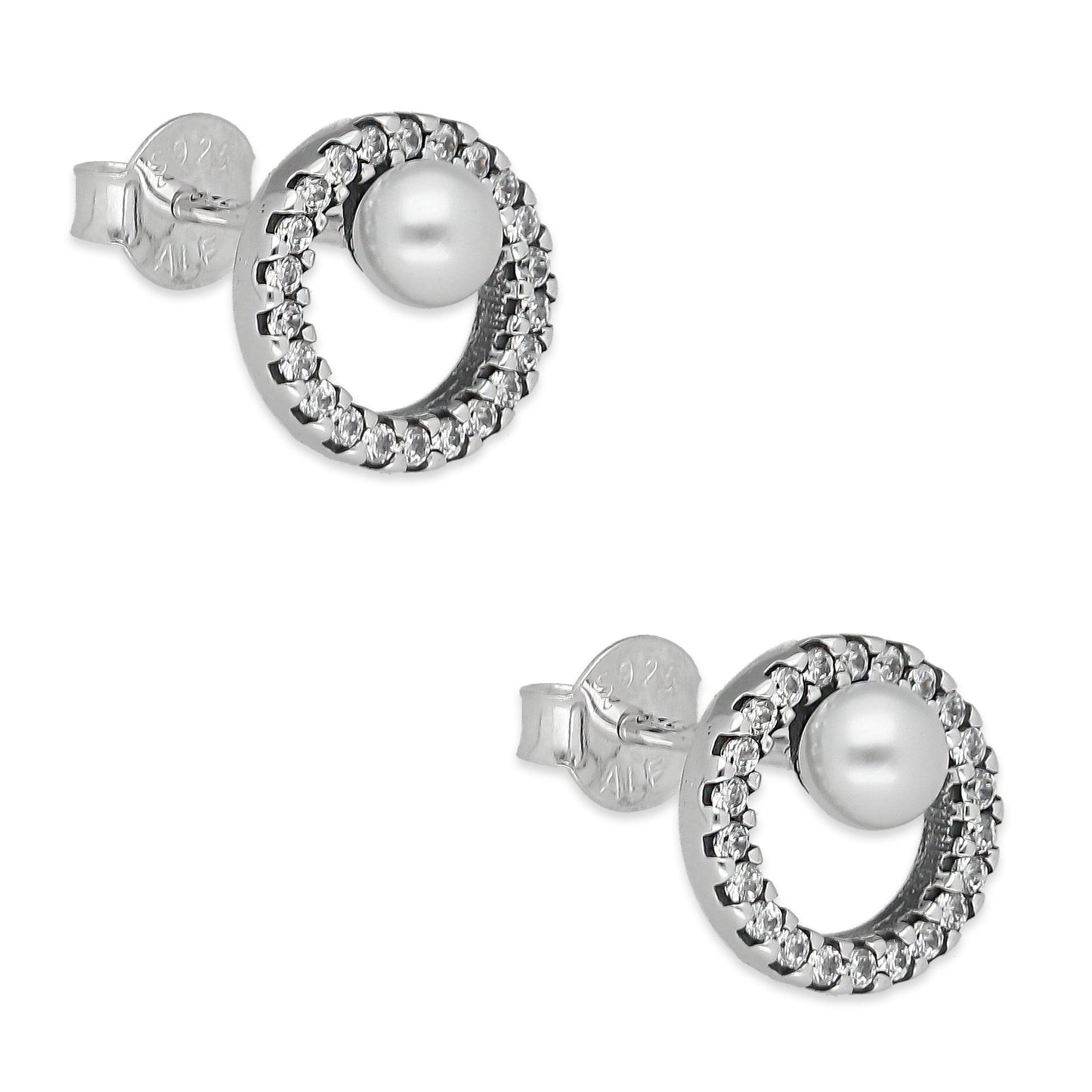 LPAP138 Arete Broquel Pandora Círculo con Zirconias y Perla en Plata .925 Taxco