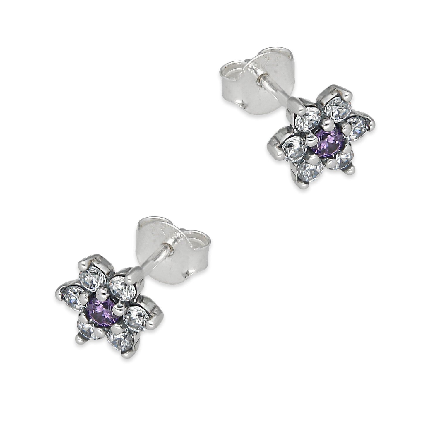 LPAP140 Arete Broquel Mini Flor Centro Violeta con Zirconias en Plata .925 Taxco