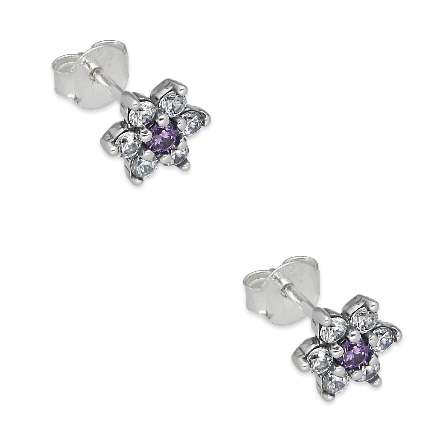 LPAP140 Arete Broquel Mini Flor Centro Violeta con Zirconias en Plata .925 Taxco