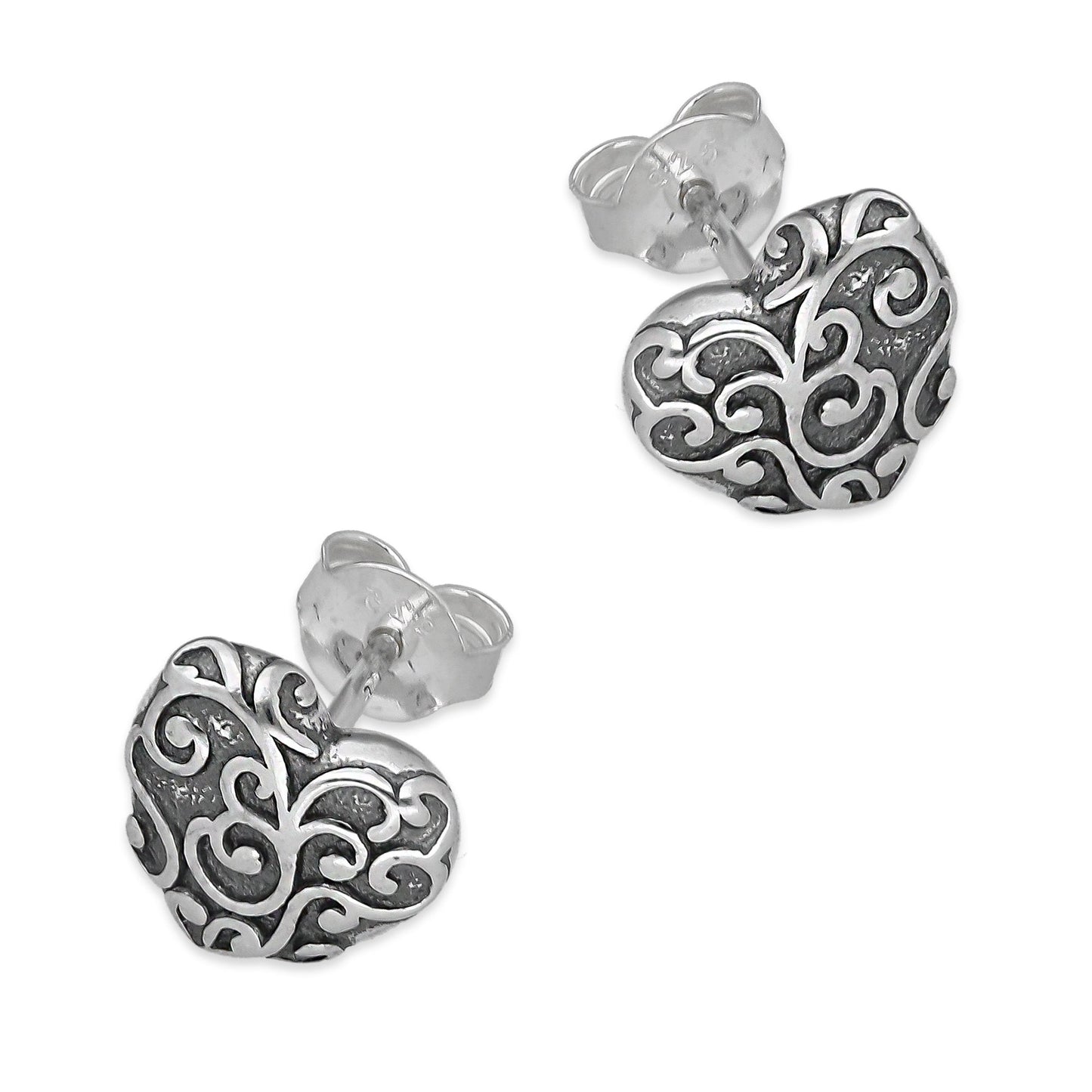 LPAP141 Arete Broquel Corazón Bombeado Ornamentado en Plata .925 Taxco