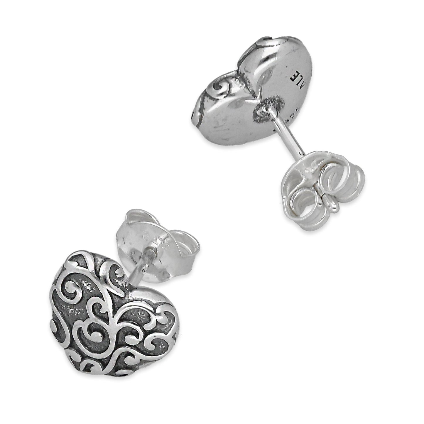 LPAP141 Arete Broquel Corazón Bombeado Ornamentado en Plata .925 Taxco