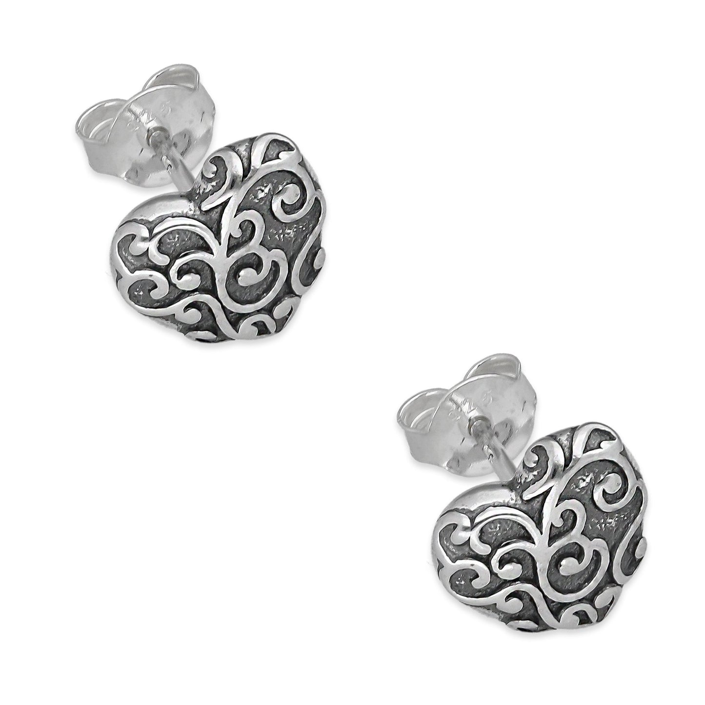 LPAP141 Arete Broquel Corazón Bombeado Ornamentado en Plata .925 Taxco