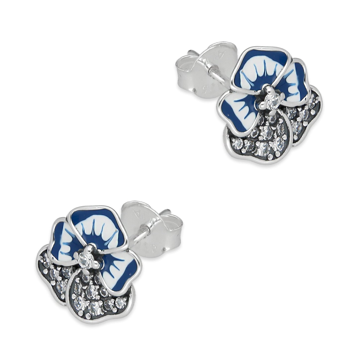 LPAP142 Arete Broquel Flor 5 Pétalos Esmalte y Zirconias en Plata .925 Taxco