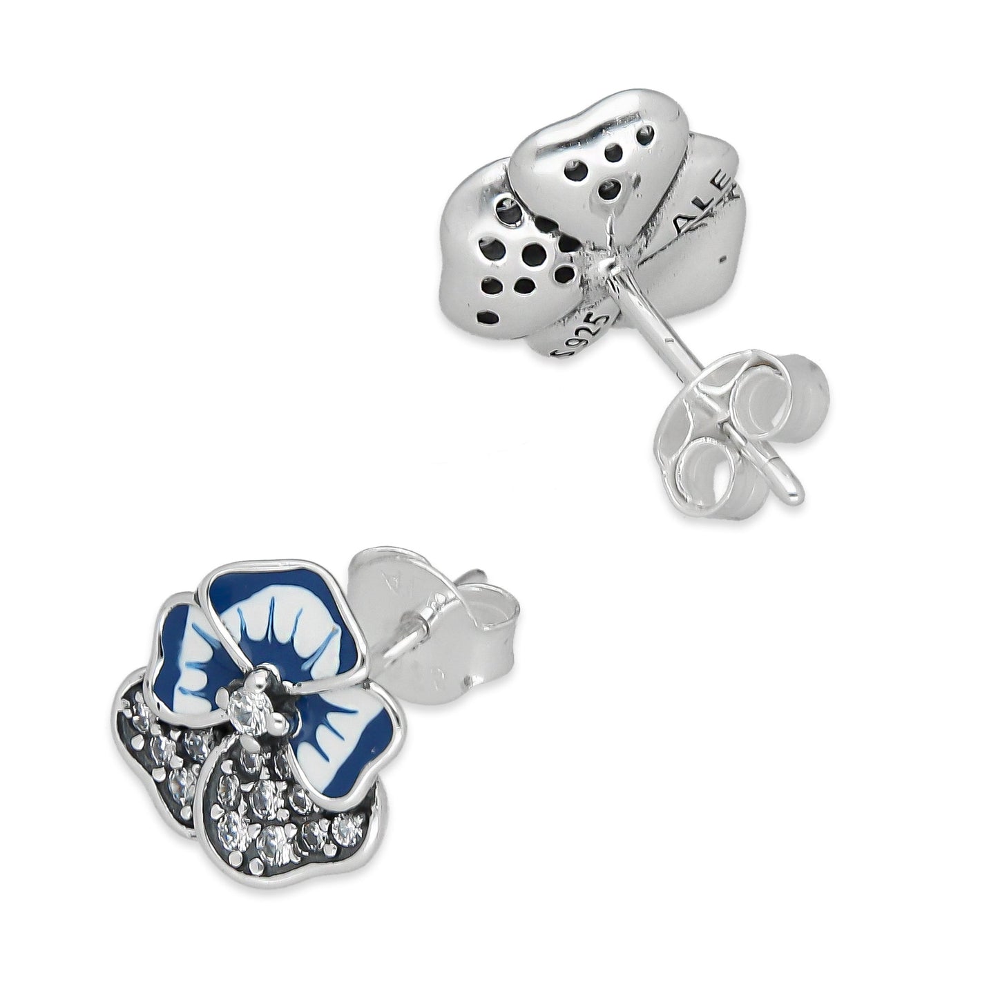 LPAP142 Arete Broquel Flor 5 Pétalos Esmalte y Zirconias en Plata .925 Taxco