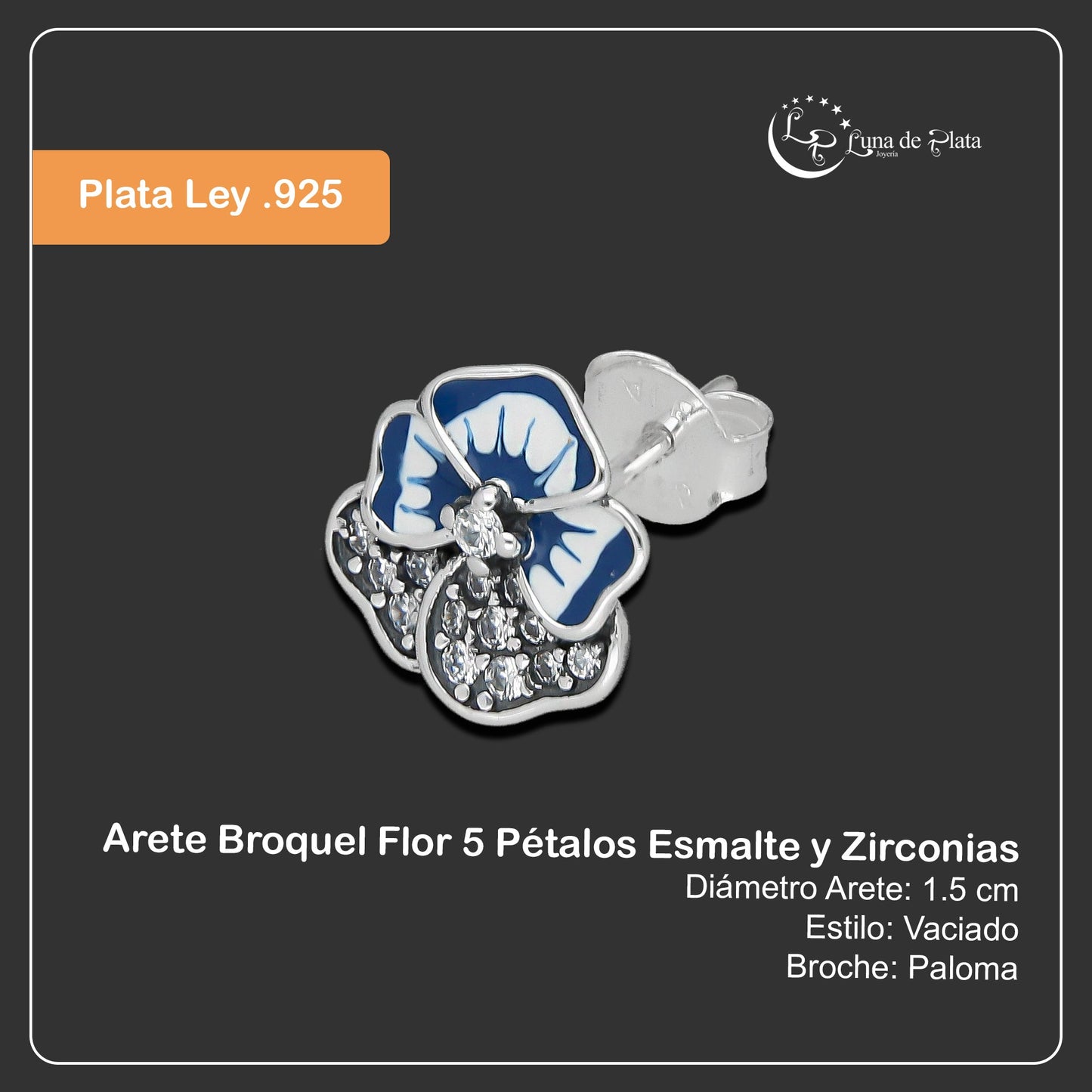 LPAP142 Arete Broquel Flor 5 Pétalos Esmalte y Zirconias en Plata .925 Taxco