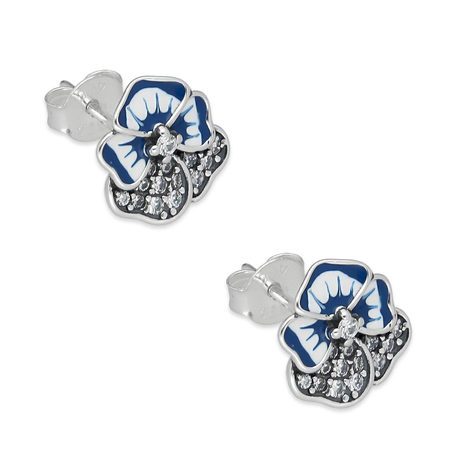 LPAP142 Arete Broquel Flor 5 Pétalos Esmalte y Zirconias en Plata .925 Taxco