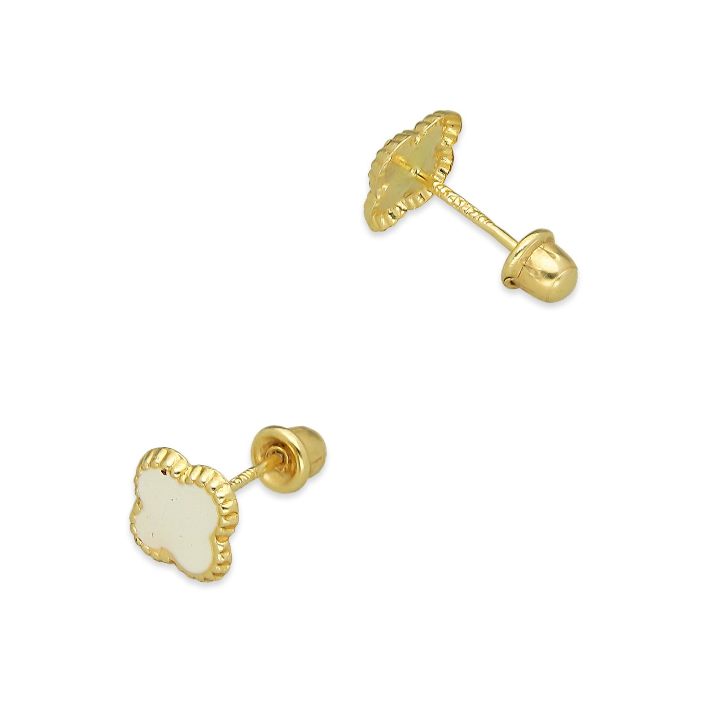 LPAUBR098 Aretes Broquel Oro Sólido 10K Trébol Esmalte Blanco 6 mm de Diámetro 776