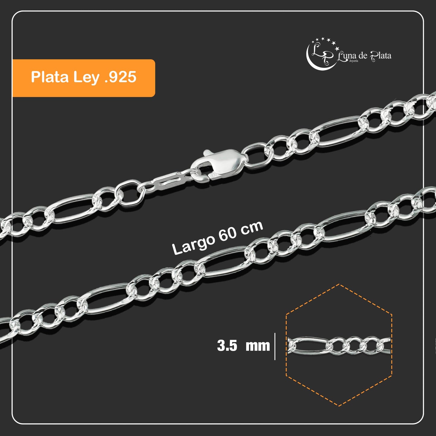 LPCU036-60 Cadena Fígaro 3 por 1 de 3.5 mm X 60 cm Plata .925 Taxco Gro 1445439498