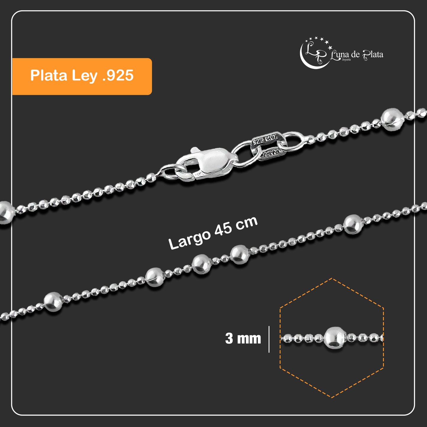 LPCU059-45 Cadena Viviana Bolitas 3x1 45 cm Plata .925 Taxco 2145381209