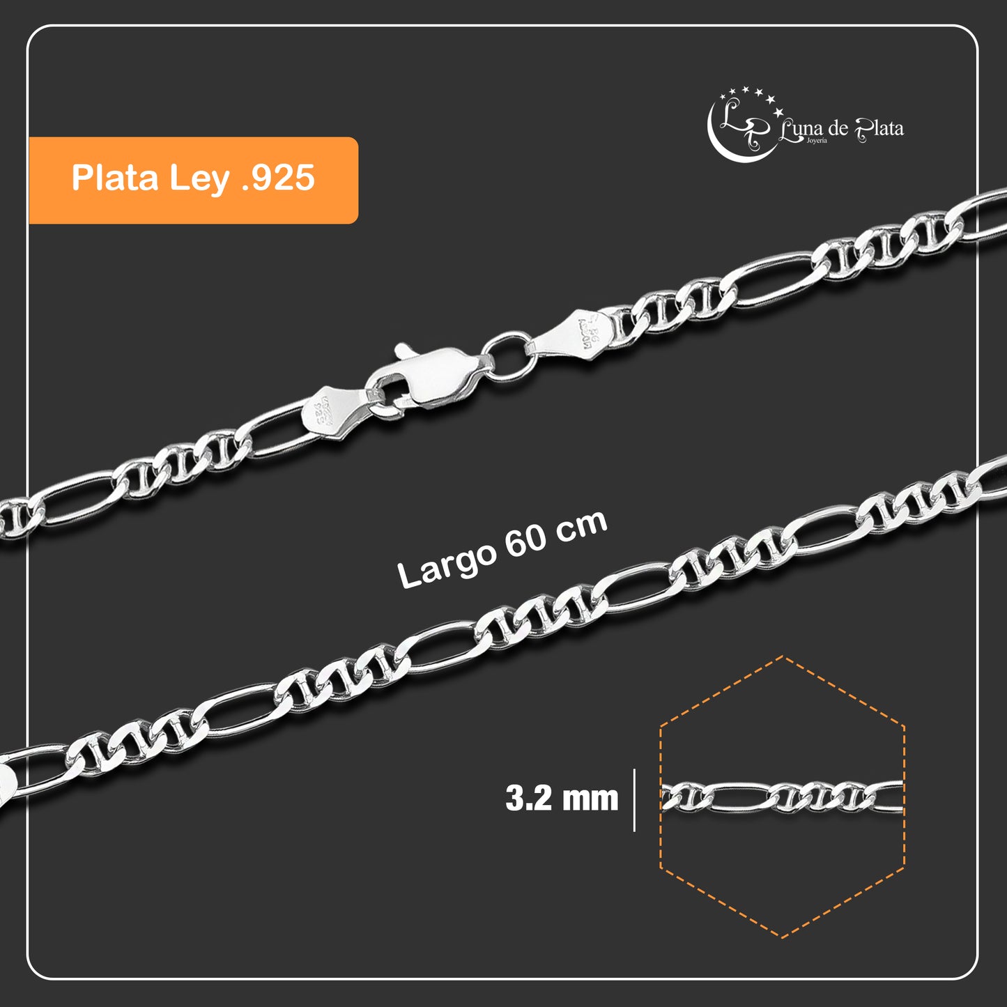 LPCU063-60 Cadena Figaruchi Diam 3x1 3.2 mm x 60 Cm Plata .925 2224542663