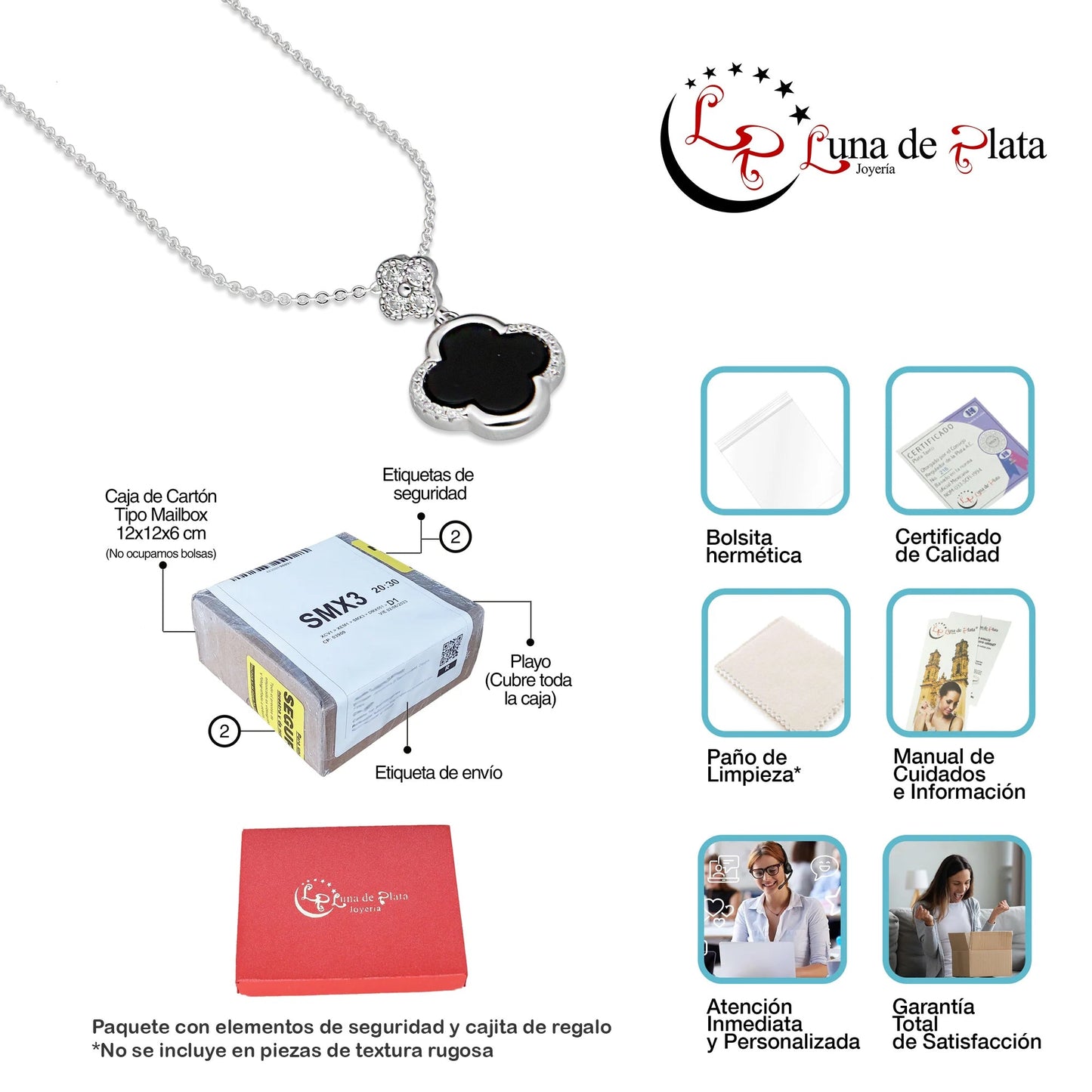 LPCU065 Gargantilla Cadena 1 Trébol Negro con Mini 45 cm en Plata .925 Taxco