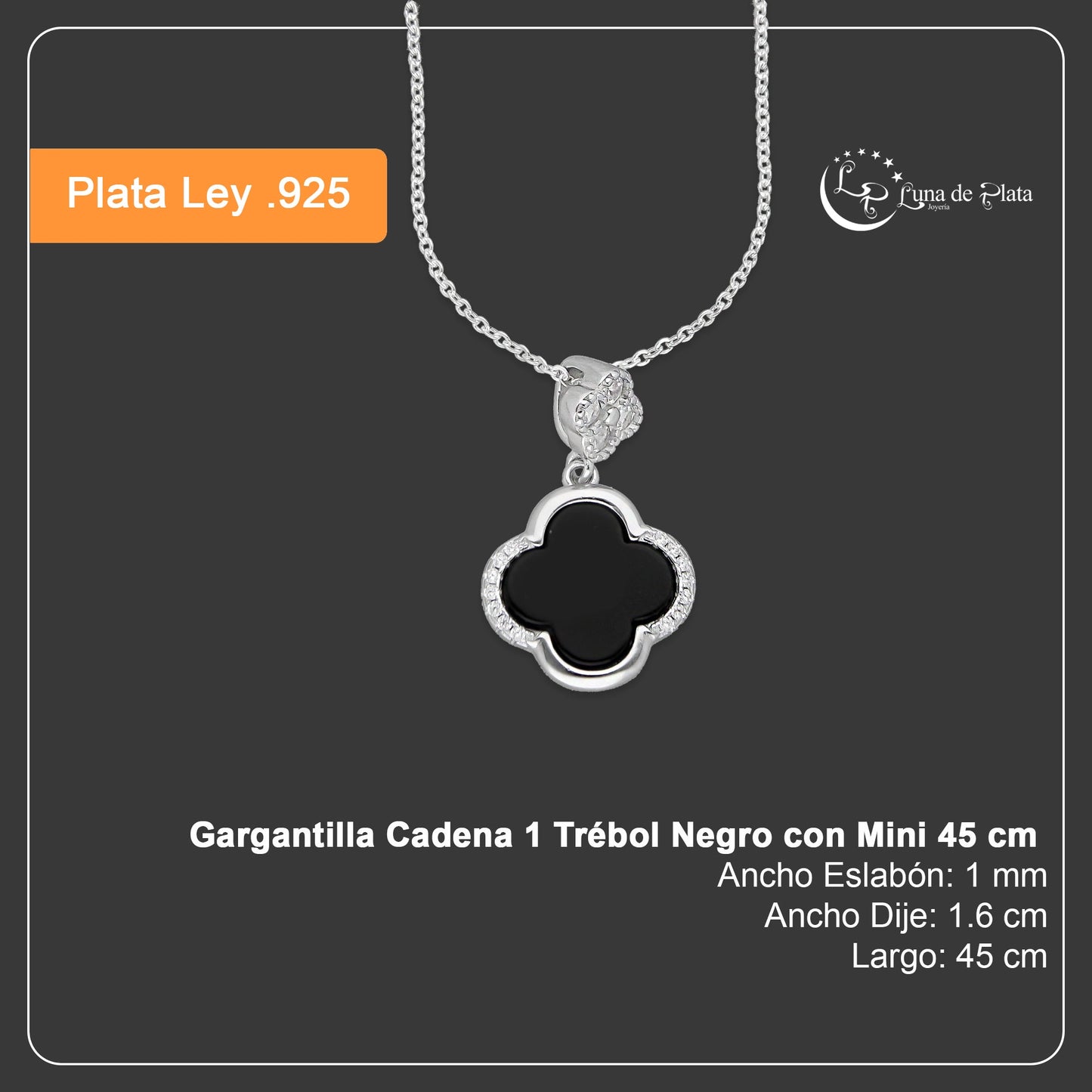 LPCU065 Gargantilla Cadena 1 Trébol Negro con Mini 45 cm en Plata .925 Taxco
