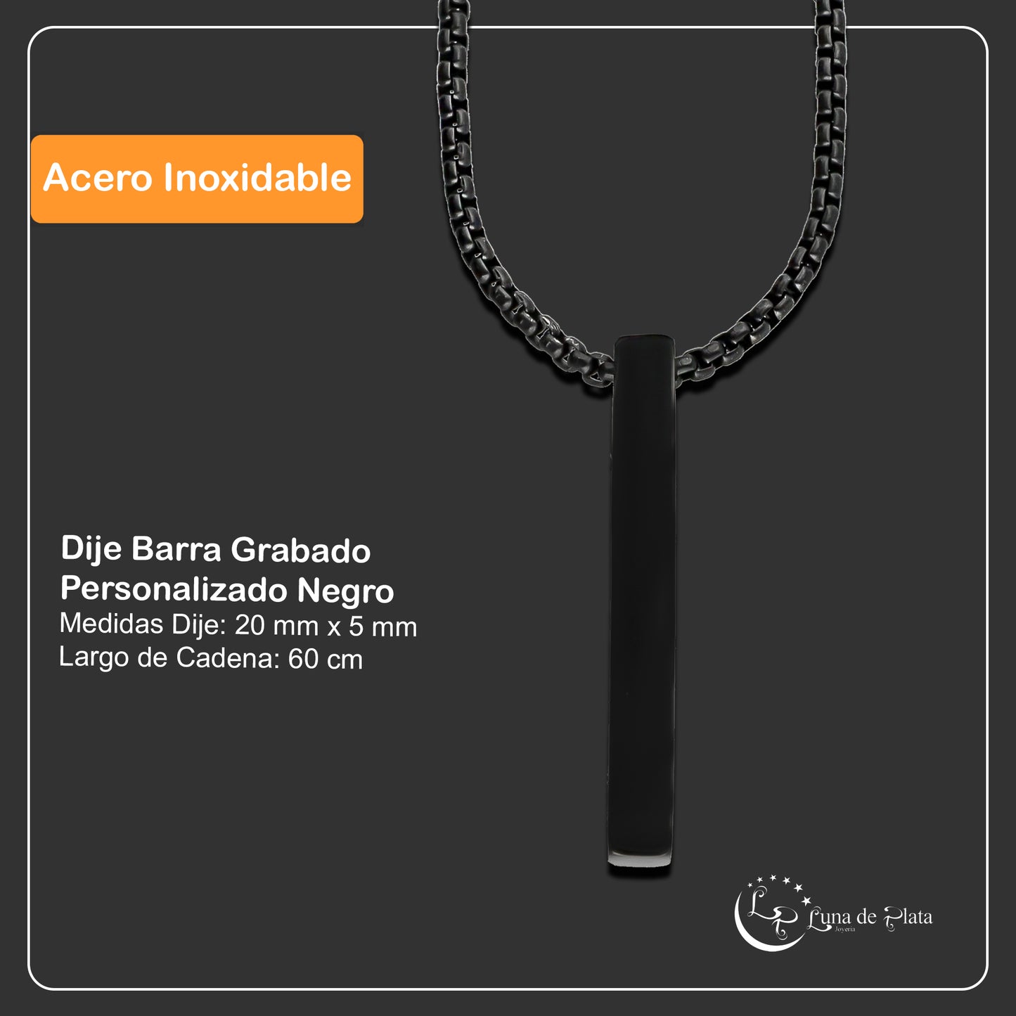 LPCUAC009 Dije Barra Grabado Personalizado Negro Acero Inox Premium 3500493240