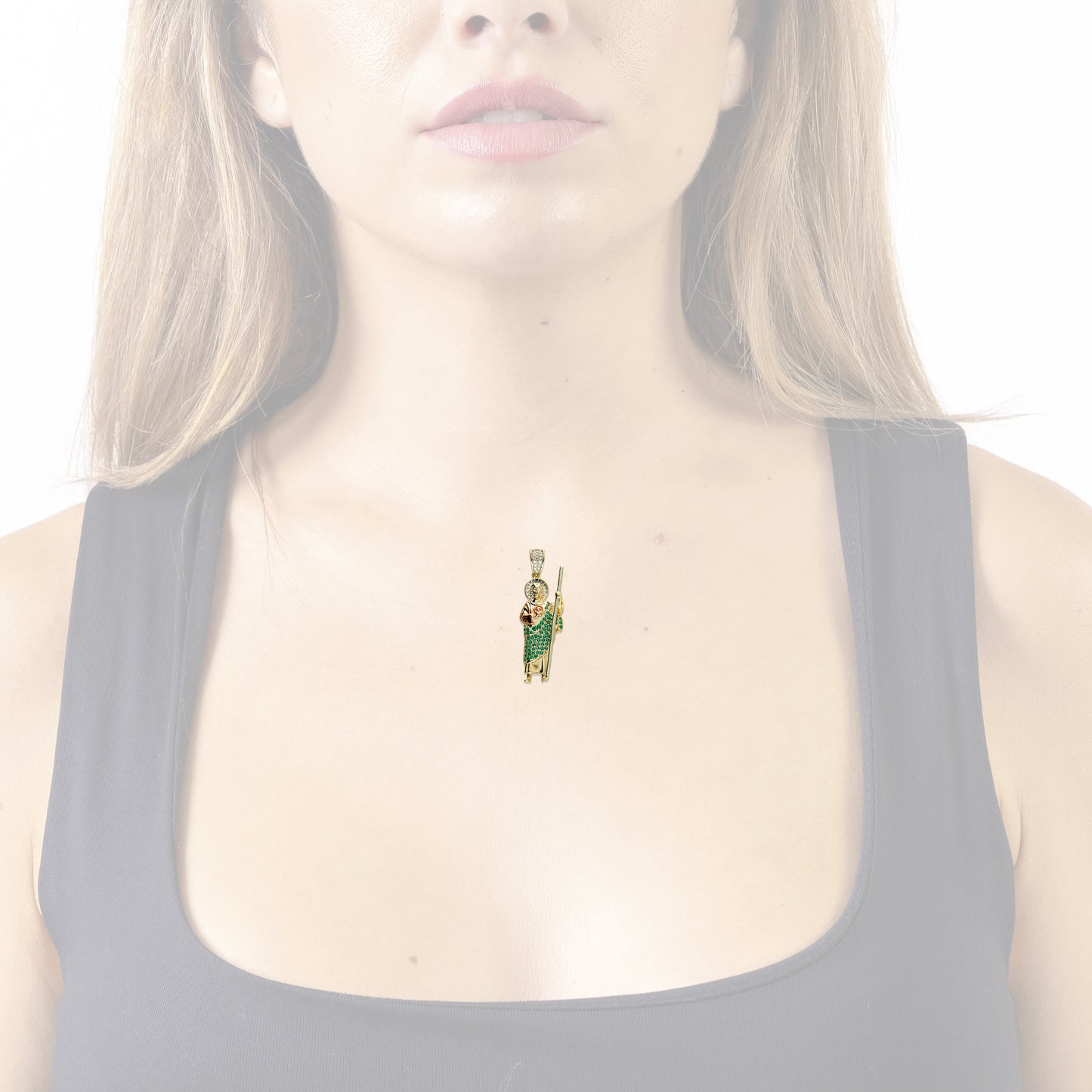 LPDG009 Dije San Judas con Zirconias Premium Verde Oro Laminado 18 K 3344033234