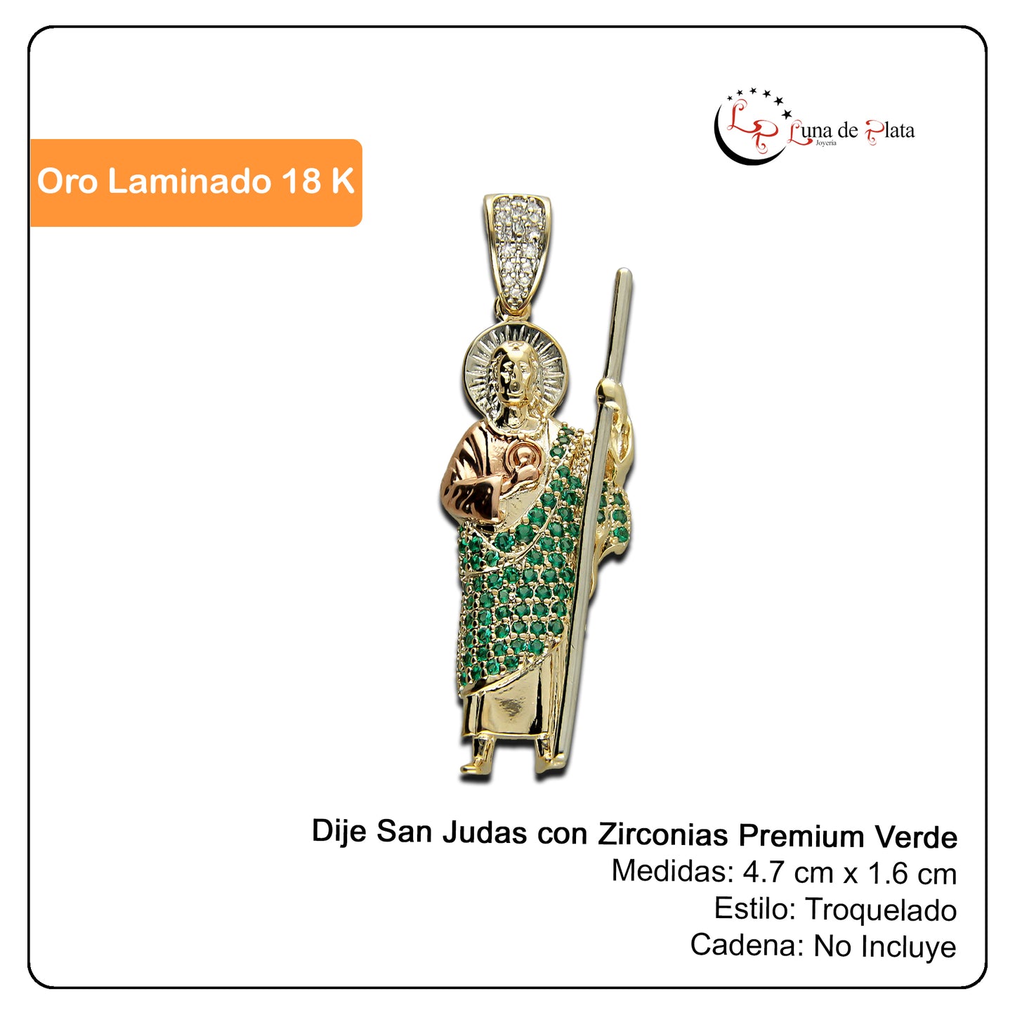 LPDG009 Dije San Judas con Zirconias Premium Verde Oro Laminado 18 K 3344033234