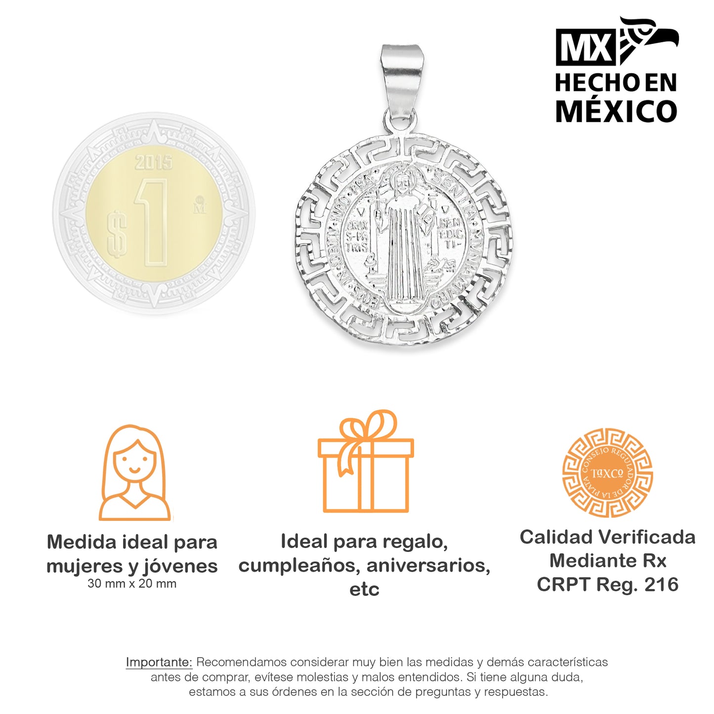 LPDJ100 Medalla San Benito G. 3.0 cm x 2.0 cm Plata .925 Taxco Gro 1385714631
