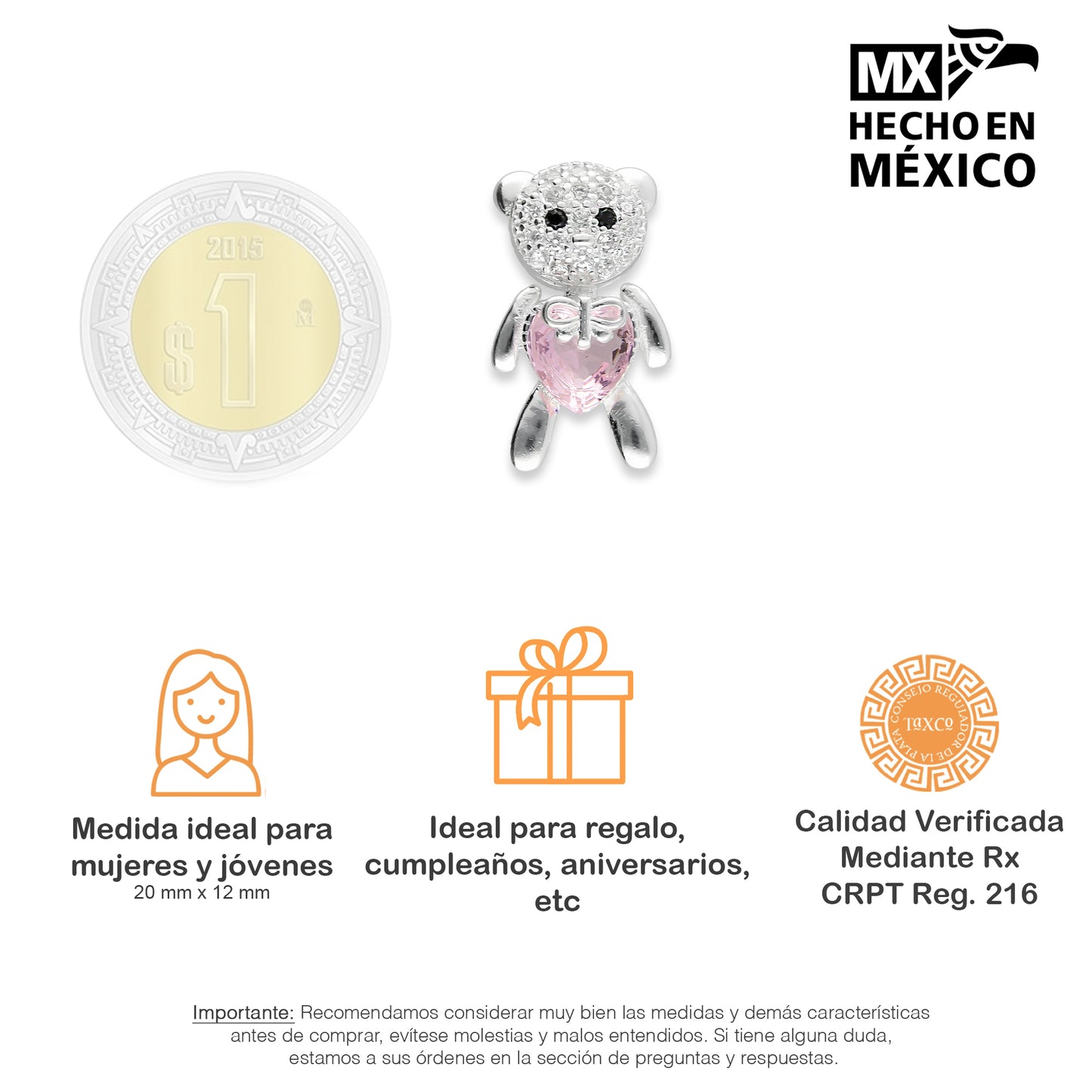 LPDJ244 Dije Oso Corazón Rosa con Zirconia en Plata .925 Taxco Gro 2089555391