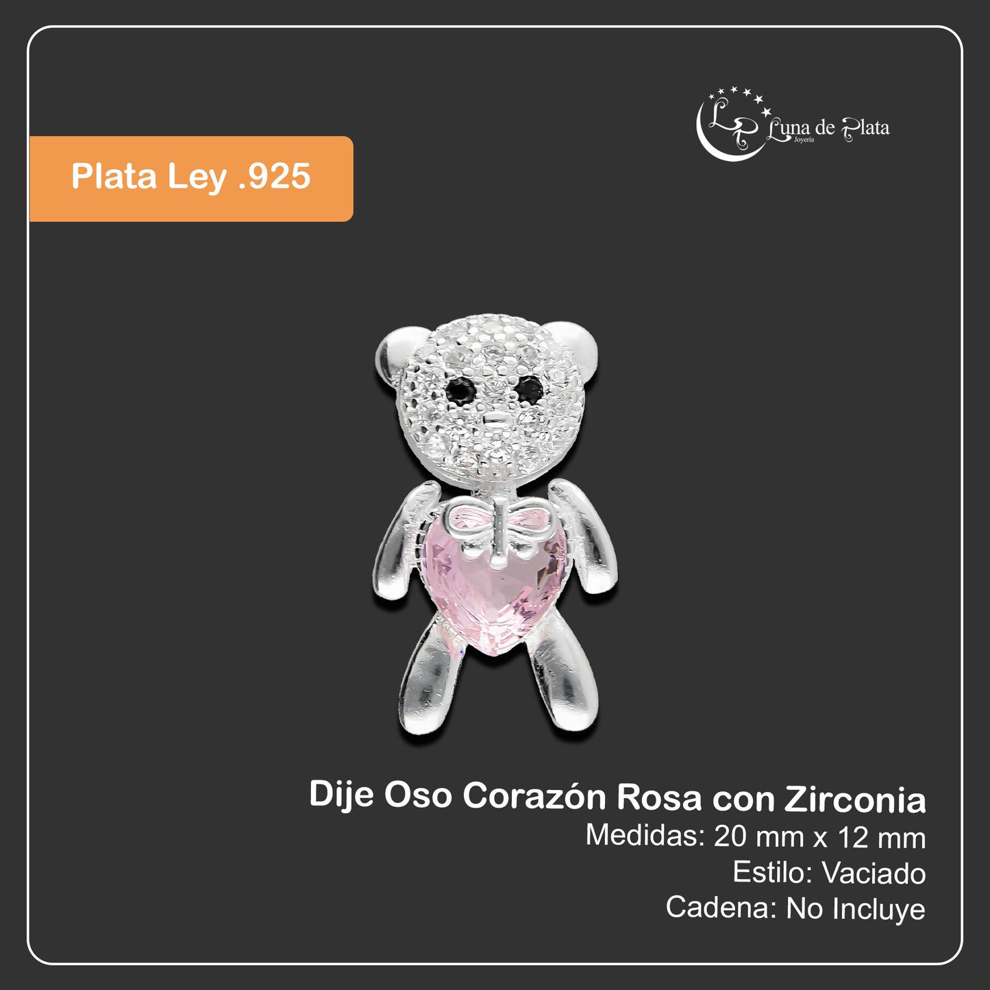 LPDJ244 Dije Oso Corazón Rosa con Zirconia en Plata .925 Taxco Gro 2089555391