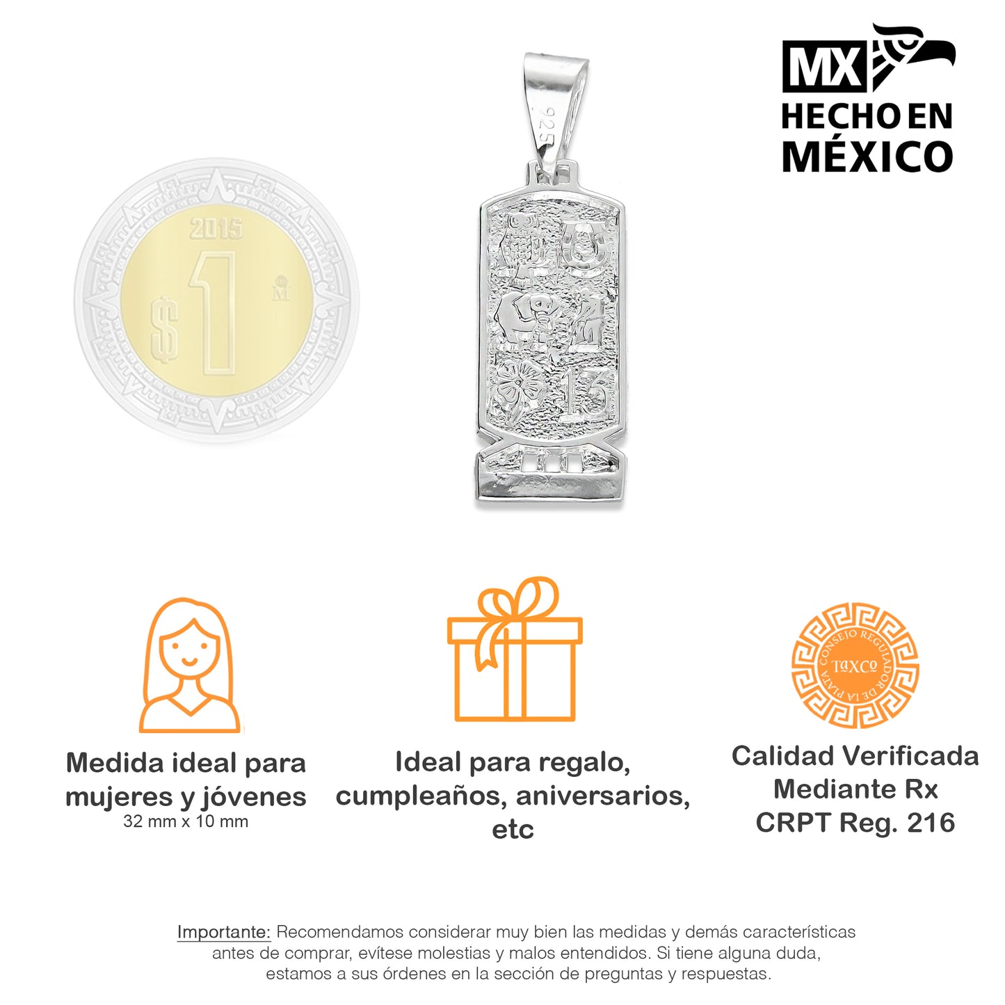 LPDJ246 Dije Rectángulo de la Suerte en Plata .925 Taxco Gro 2094839193