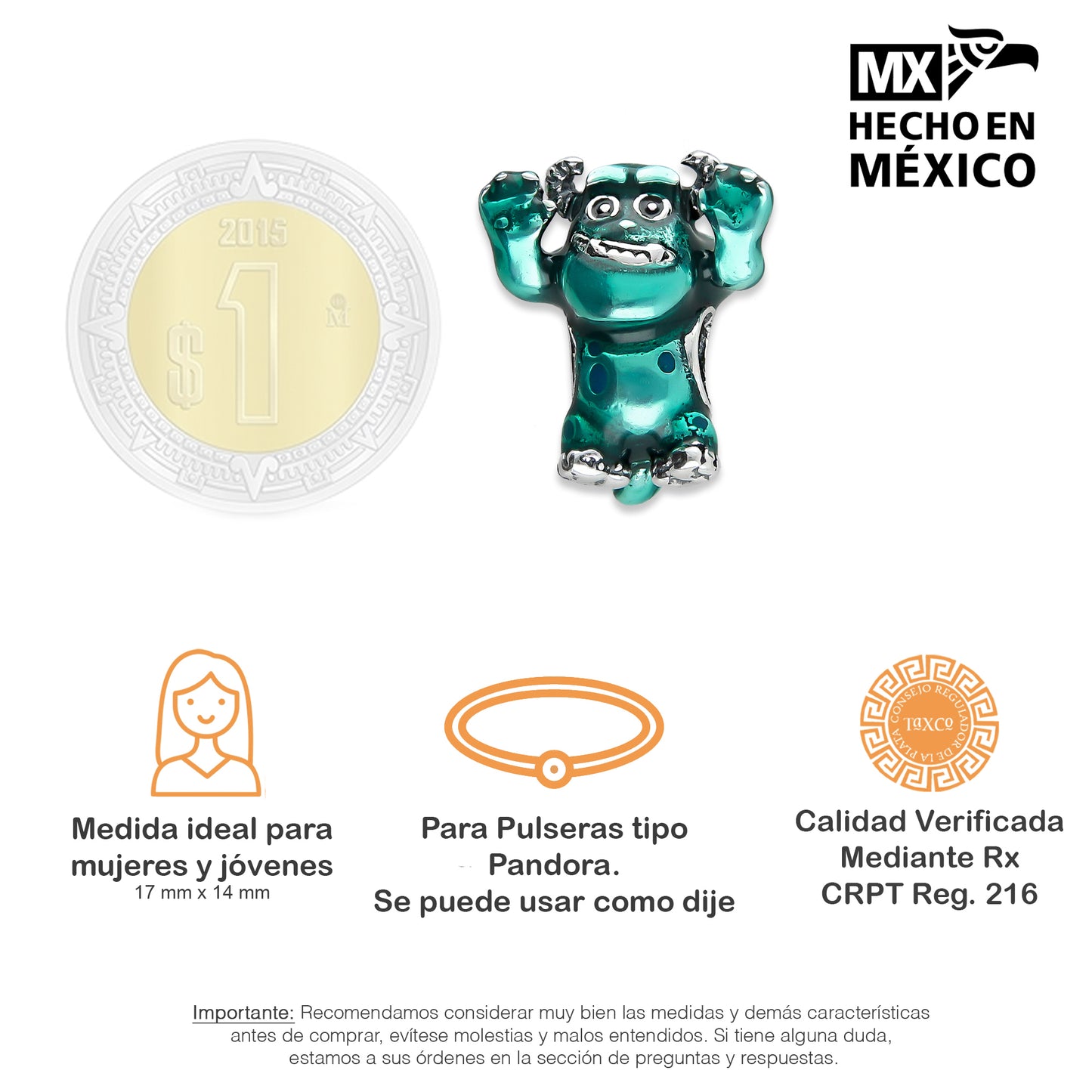 LPDJ254 Dije Charm Monsters Sully en Plata .925 Taxco Gro