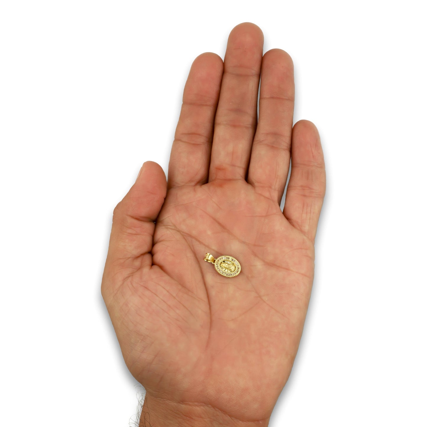 LPDJAU001 Dije Medalla Oro Sólido 10K Virgen Oval Zirc Perl .9 cm x 1.7 cm