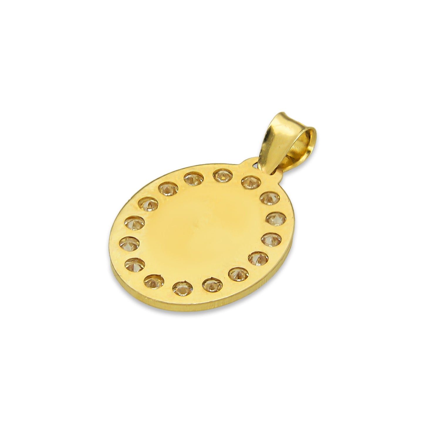 LPDJAU004 Dije Medalla Oro Sólido 10K Virgen Oval con Zirconias Radial Florentino 1.2 cm x 2.1 cm