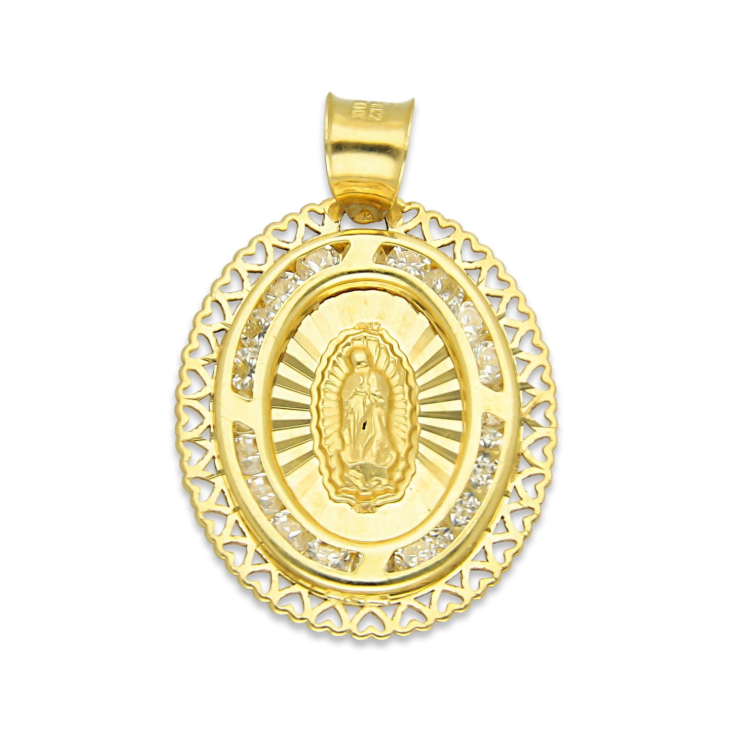 LPDJAU009 Dije Medalla Oro Sólido 10K Virgen Oval Olan con Zirconias Orilla Corazones 1.7 cm x 2.6 cm
